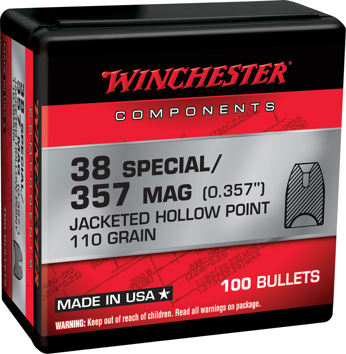 Winchester 38 Special 110gr Jacketed Hollow Point Handgun Reloading Component Bullets Box of 100