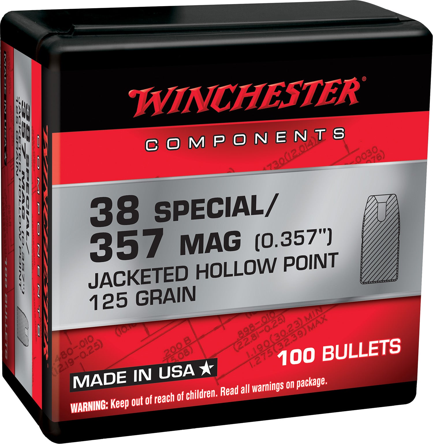 Winchester 38 Special 125gr Jacketed Hollow Point Handgun Reloading Component Bullets Box of 100