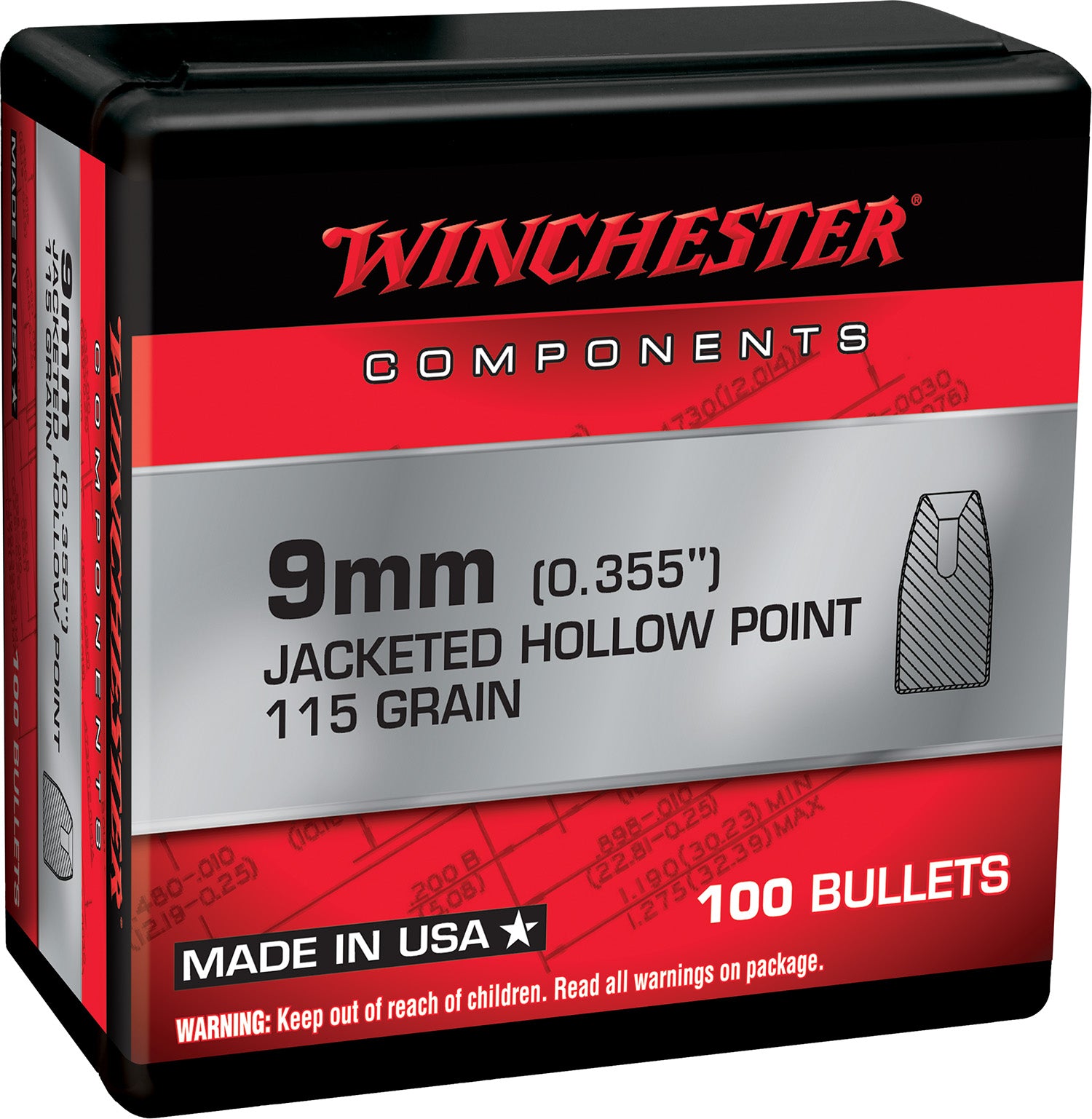 Winchester 9mm 115gr Jacketed Hollow Point Handgun Reloading Component Bullets Box of 100