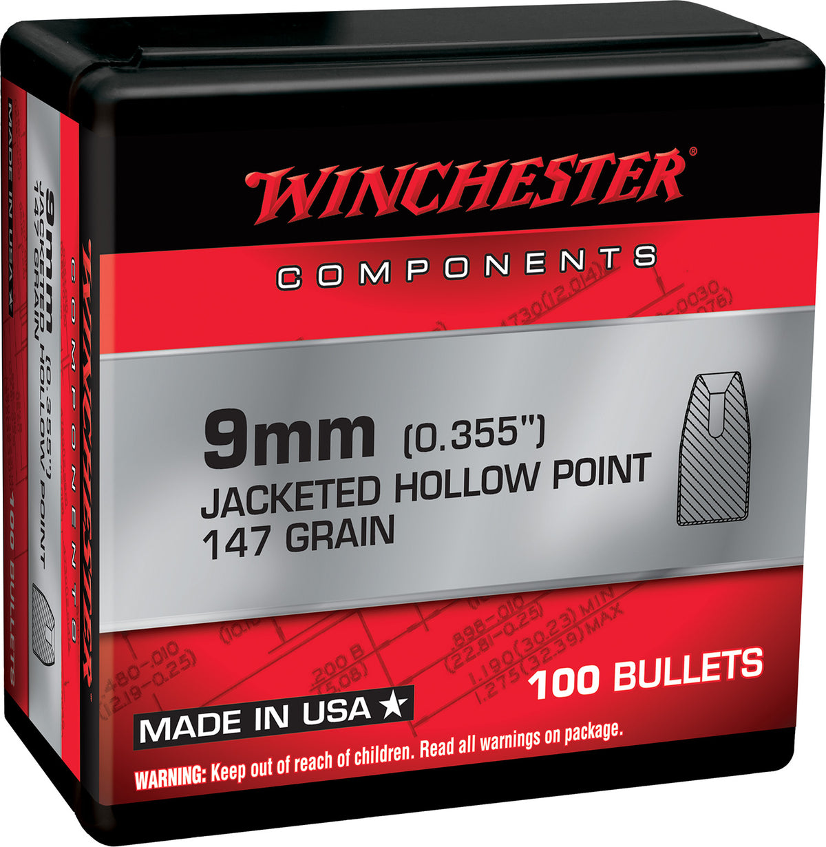 Winchester 9mm 147gr Jacketed Hollow Point Handgun Reloading Component Bullets Box of 100