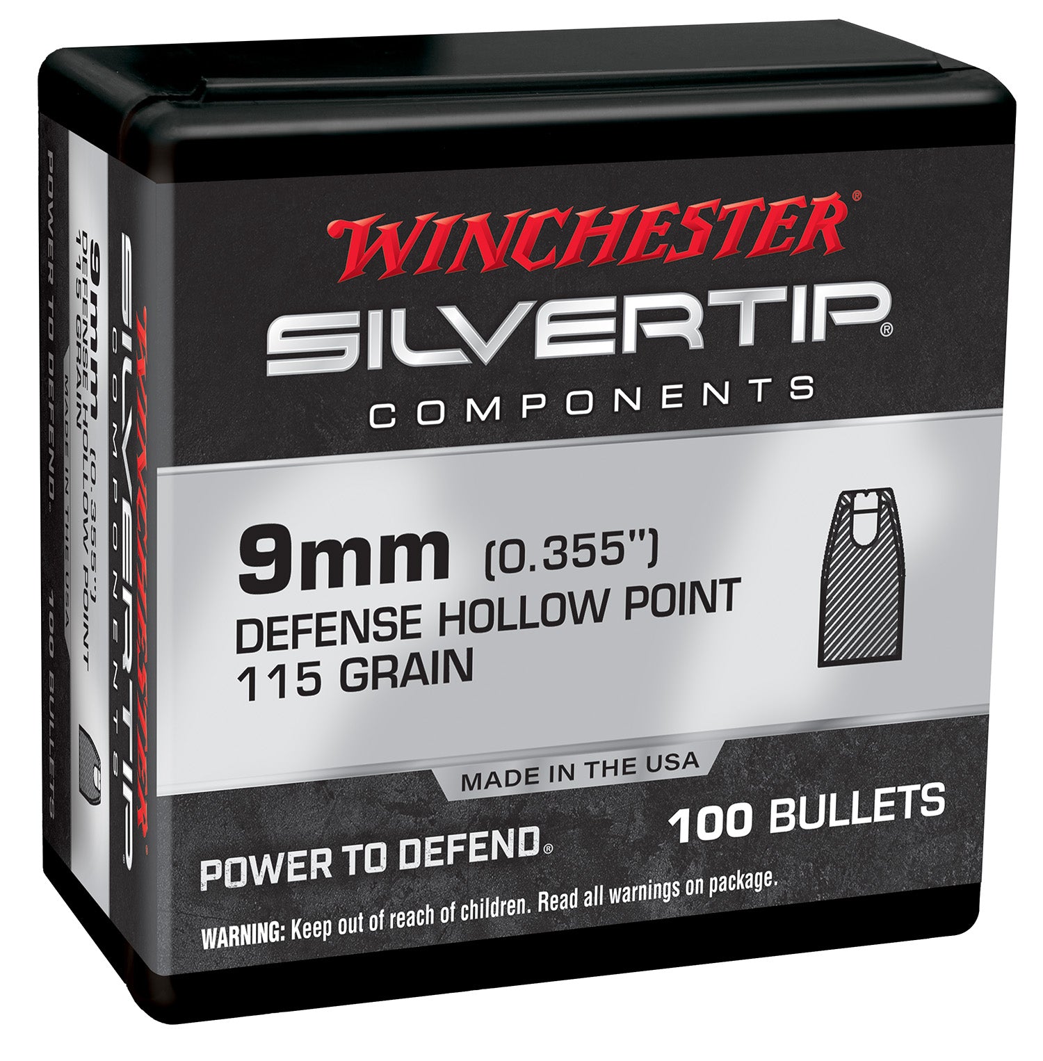 Winchester 9mm 115gr Silvertip Hollow Point Handgun Reloading Component Bullets Box of 100