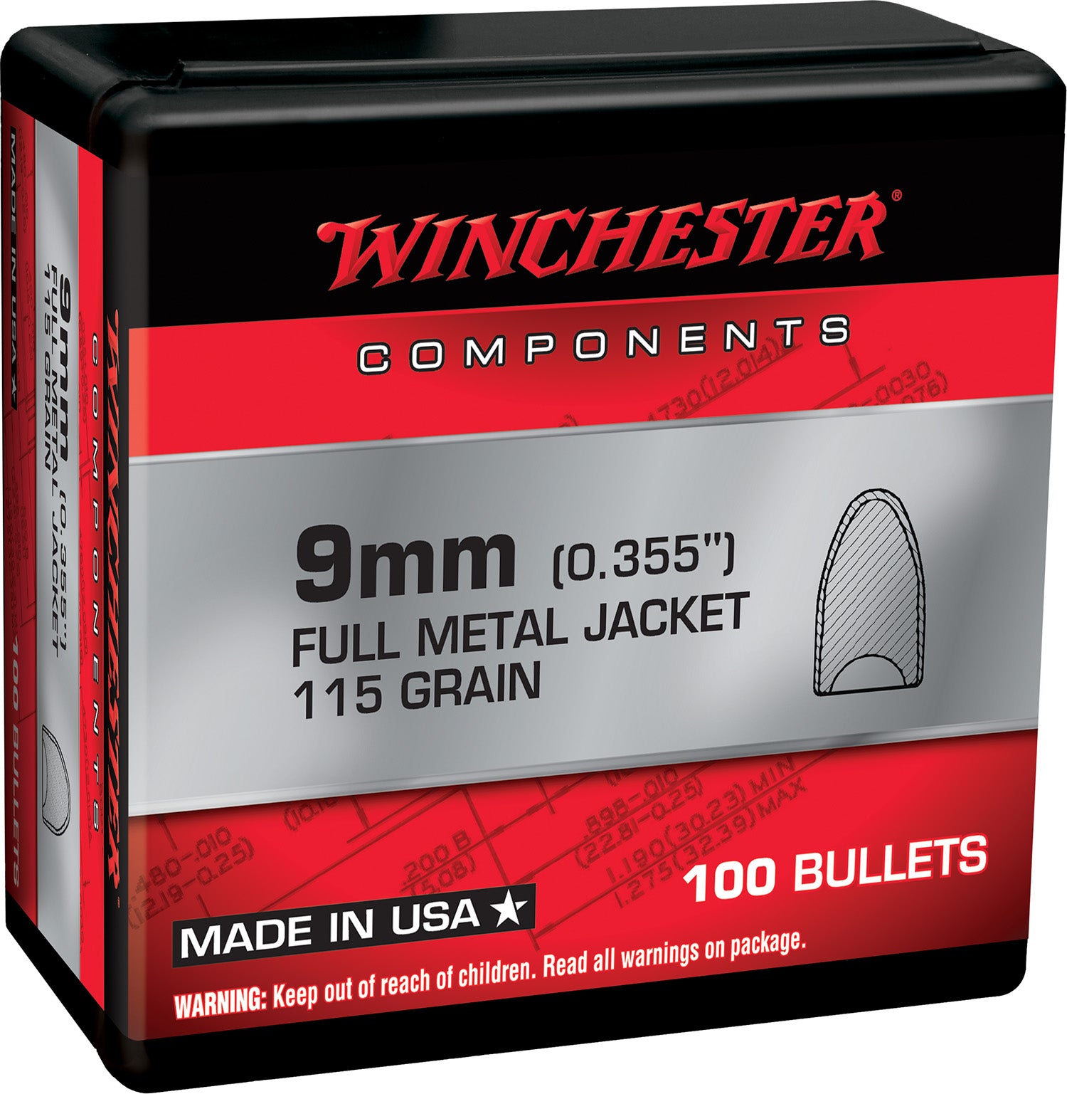 Winchester 9mm 115gr Full Metal Jacket Flat Base Handgun Reloading Component Bullets Box of 100