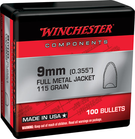 Winchester 9mm 115gr Full Metal Jacket Flat Base Handgun Reloading Component Bullets Box of 100