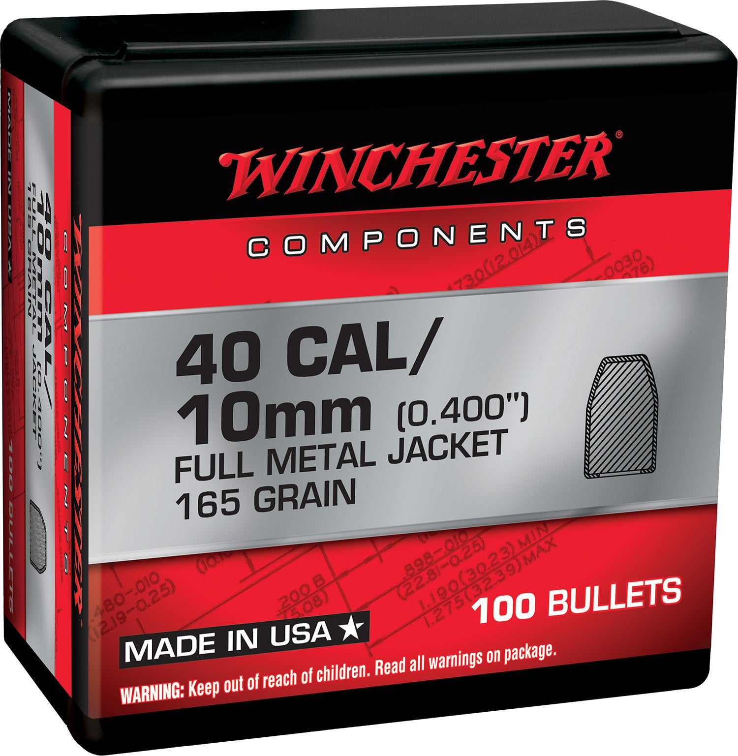 Winchester WB40TC165X .40 S&W 165gr FMJ-TC Handgun Reloading Component Bullets Box of 100