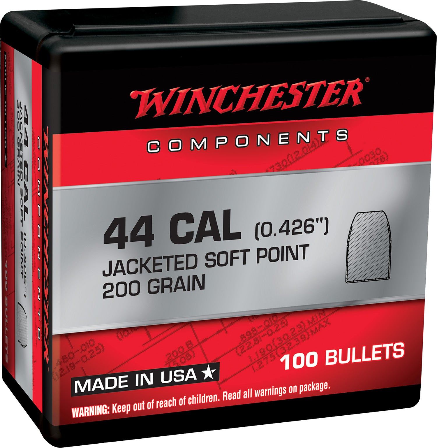 Winchester WB44SP200X .44 RemMag 200gr Soft Point Handgun Reloading Component Bullets Box of 100