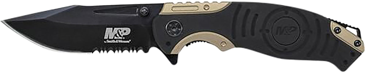 Smith & Wesson M&P SWP13BSCP Folding Drop Point Knife 3.50" Stonewashed Stainless Steel Blade Black and Tan Aluminum Handle