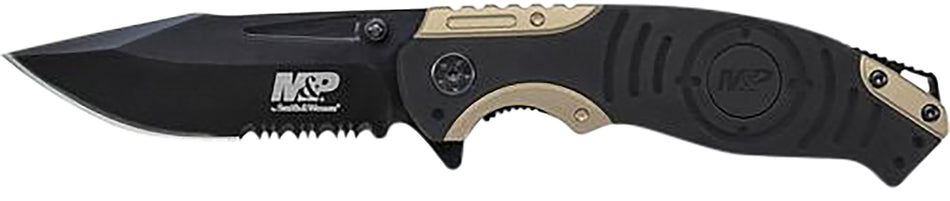 Smith & Wesson M&P SWP13BSCP Folding Drop Point Knife 3.50" Stonewashed Stainless Steel Blade Black and Tan Aluminum Handle