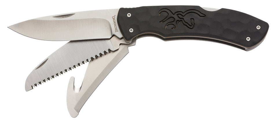 Browning 3220430 Primal Kodiak Slim 3.75" Three-Blade Folding Knife Drop Point Gut Hook Saw 8Cr13MoV Polymer Handle