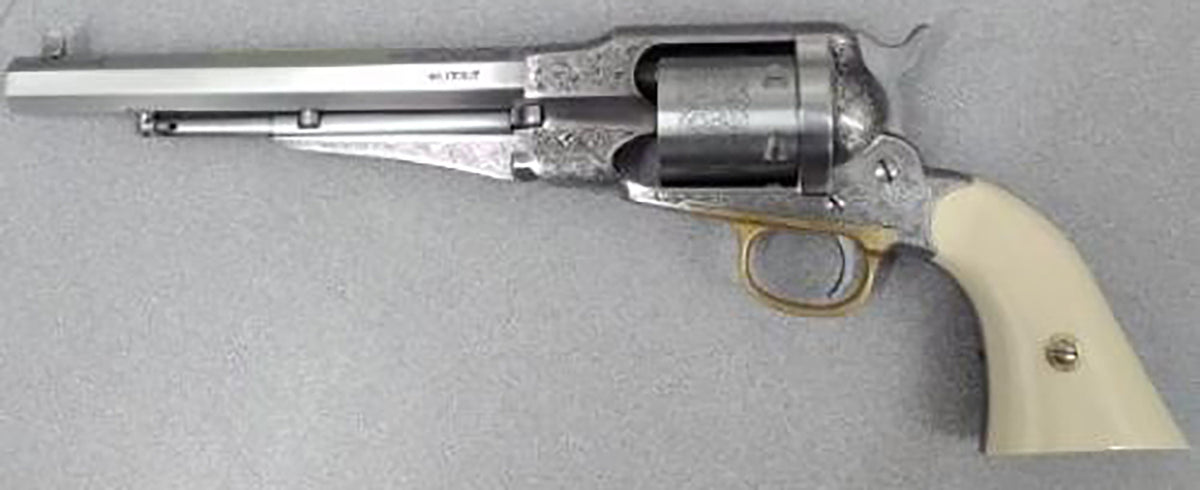 Taylors & Company 1858 Remington Conversion .45 Colt Revolver, 8" Nickel Engraved, Ivory Grip