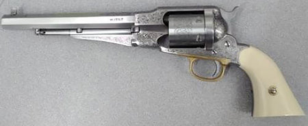 Taylors & Company 1858 Remington Conversion .45 Colt Revolver, 8" Nickel Engraved, Ivory Grip