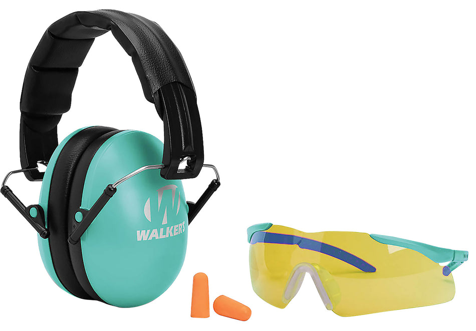 Walker's Youth Women Folding Muff Combo 23 dB Black/Teal with Shooting Glasses and Foam Ear Plugs