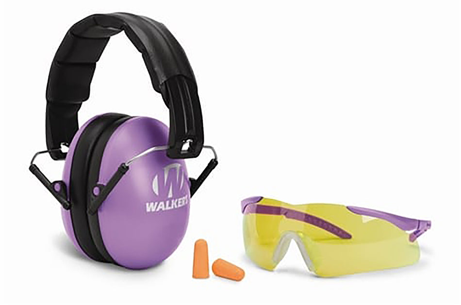 Walker's Youth Women Folding Muff Combo 23 dB Purple/Black with Shooting Glasses and Foam Ear Plugs
