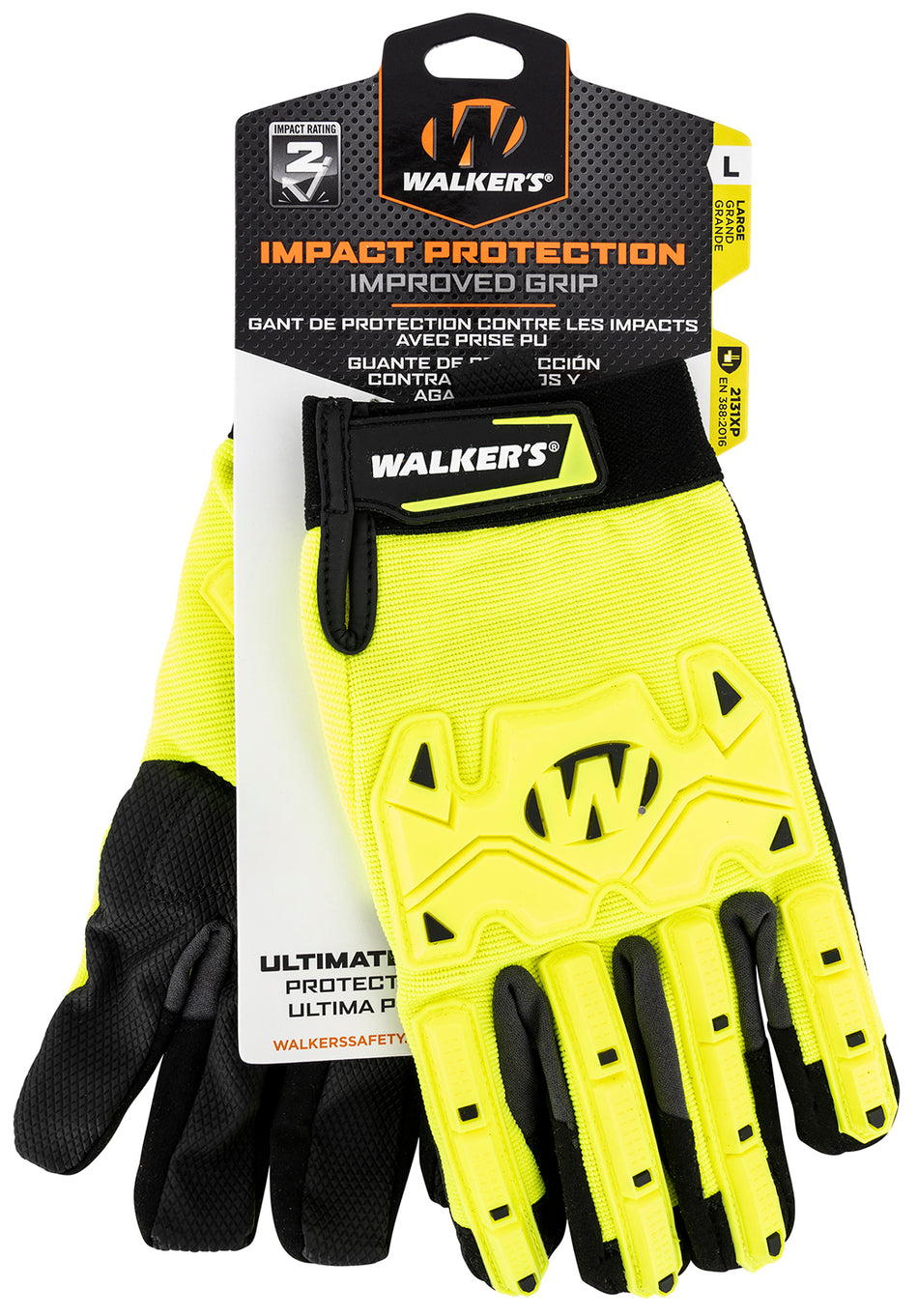 Walker's Impact Protection Gloves Large Black Yellow Synthetic Leather Hook and Loop Wrist Strap