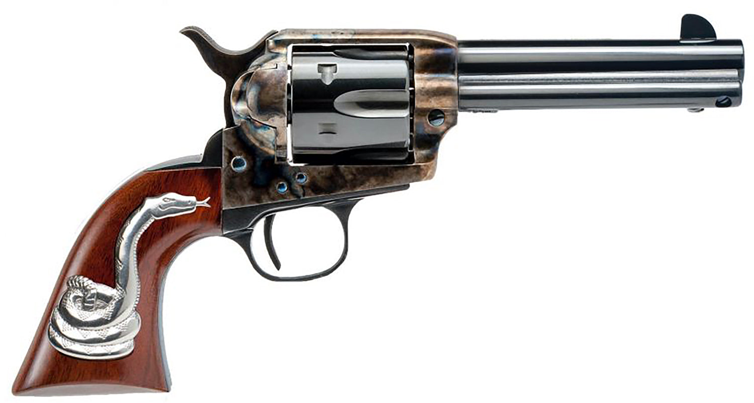 Cimarron Man With No Name .45 Colt Revolver, 6-Round, 4.75" Blued Barrel & Cylinder, Case Hardened Frame, Walnut Grip with Snake Inlay