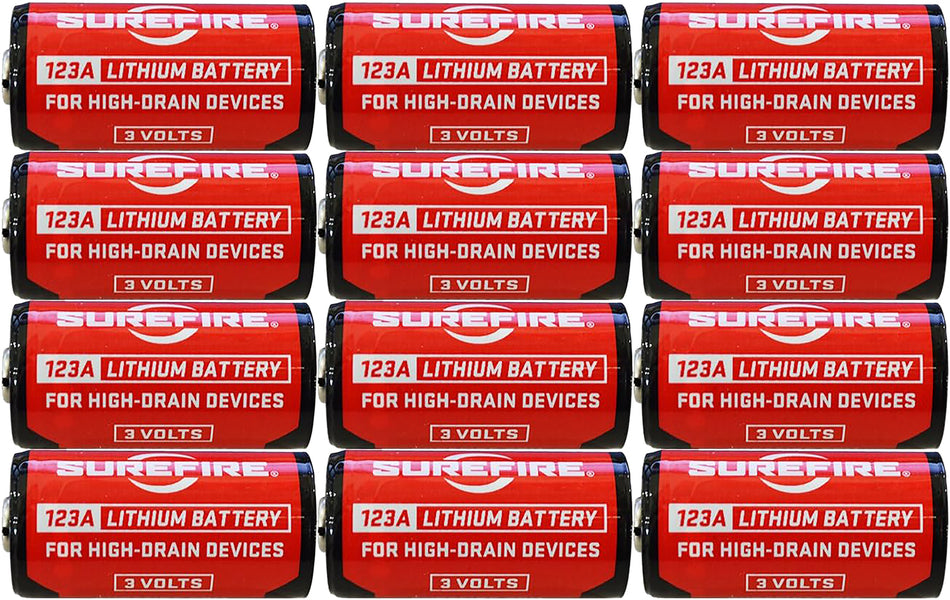 SureFire 123A High-Performance Lithium Batteries 3.0 Volts 1550mAh, 12 Pack Clamshell