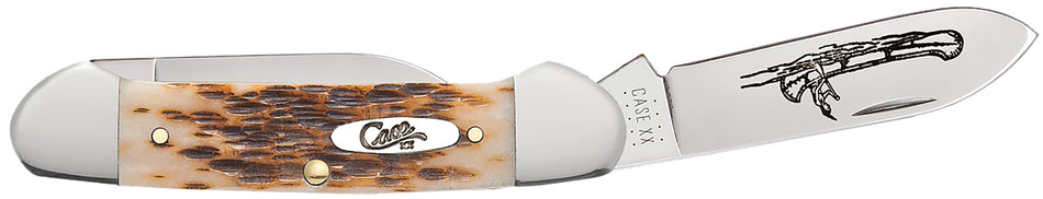 Case 00263 Amber Bone Canoe Two-Blade Folding Knife 2.60"/1.97" Spear/Pen Chrome Vanadium Steel, Peach Seed Jigged Handle