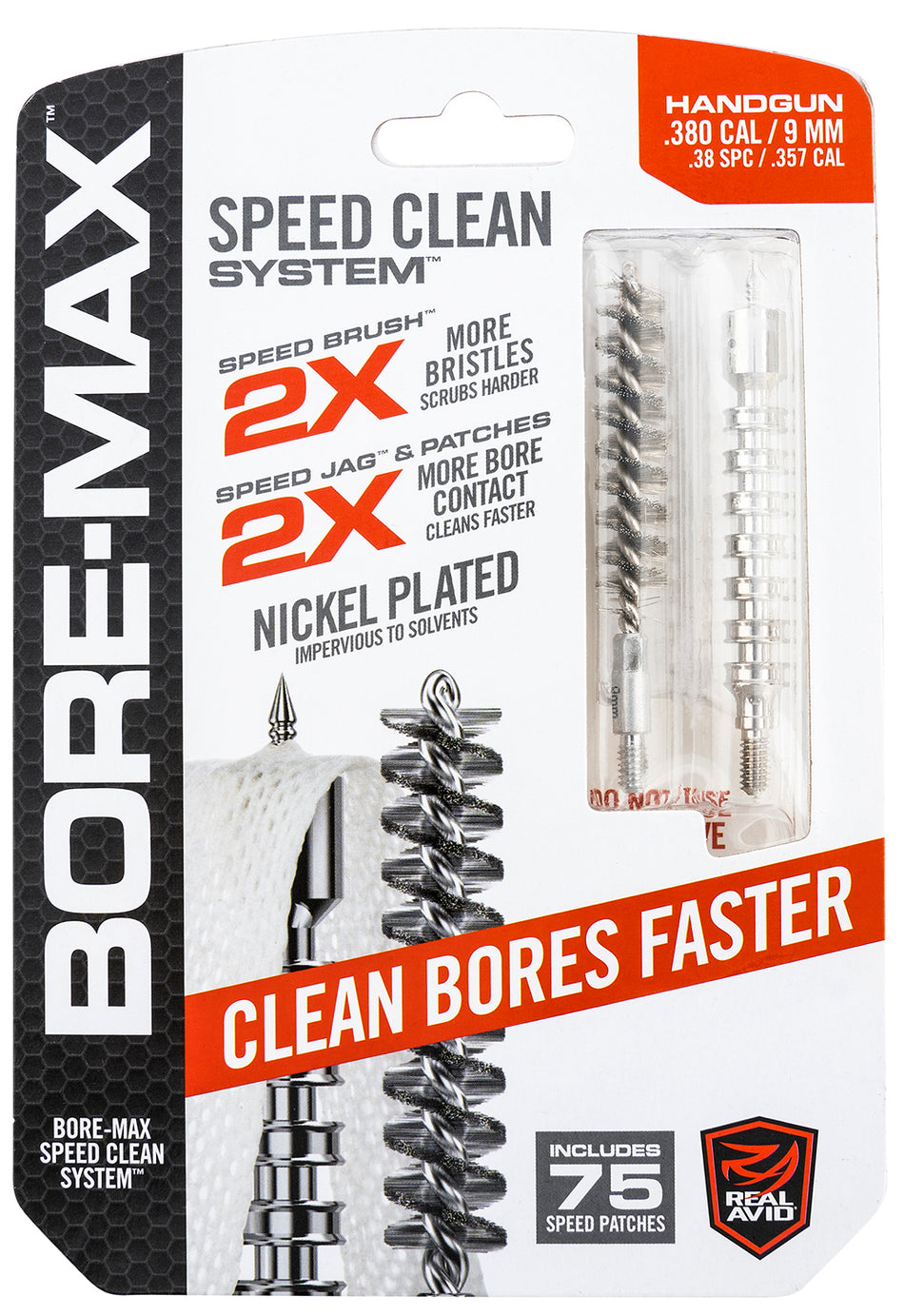 Real Avid AVBMSET9MM Bore-Max Speed Clean Set 9mm Pistol 75 Patches Blister Pack