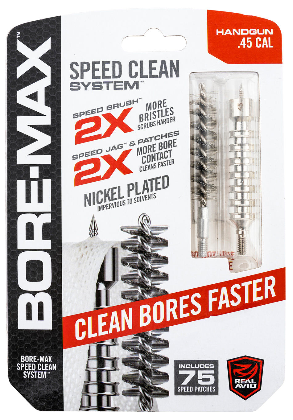 Real Avid AVBMSET45 Bore-Max Speed Clean Set 45 Cal Pistol 75 Patches Included