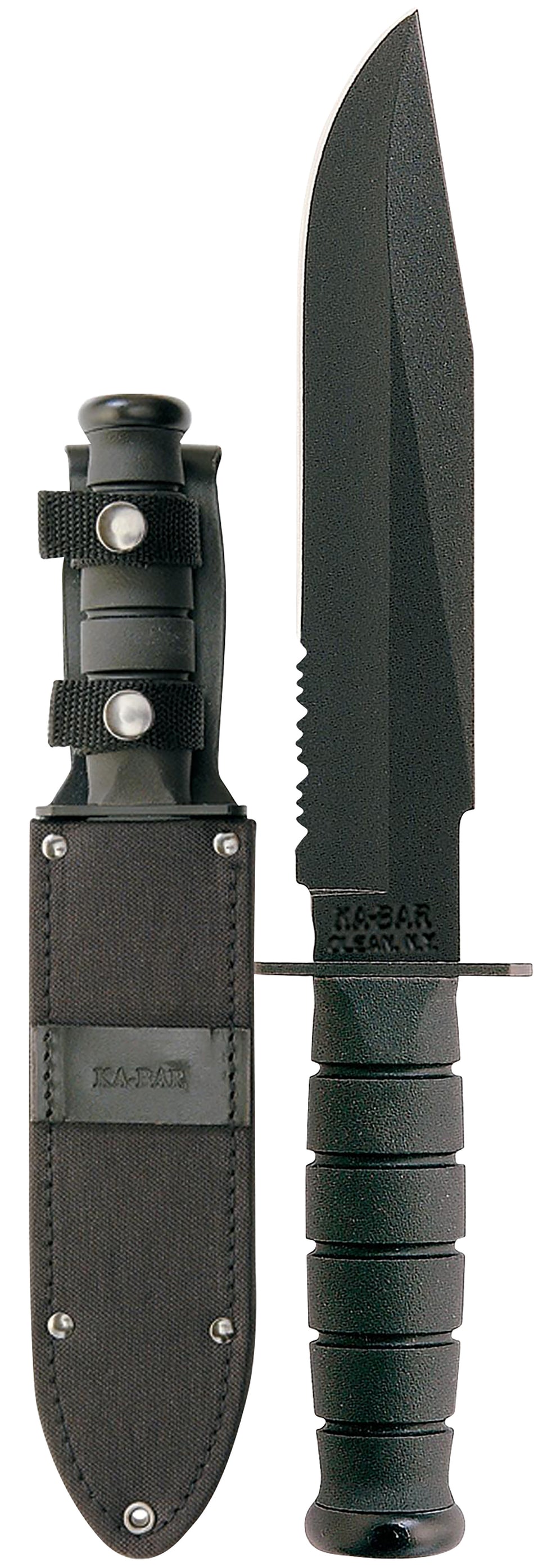 Ka-Bar Fighter Fixed Blade 8" Part Serrated Black 1095 Blade, Kraton G Handle, Sheath Included