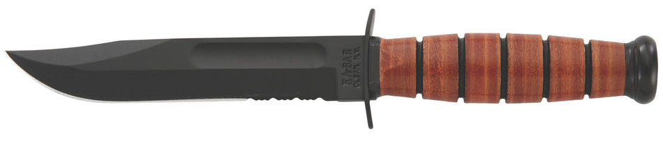 Ka-Bar Short USMC Knife 1252, 5.25" Part Serrated Black 1095 Clip Point, Brown Leather Handle, Includes Sheath