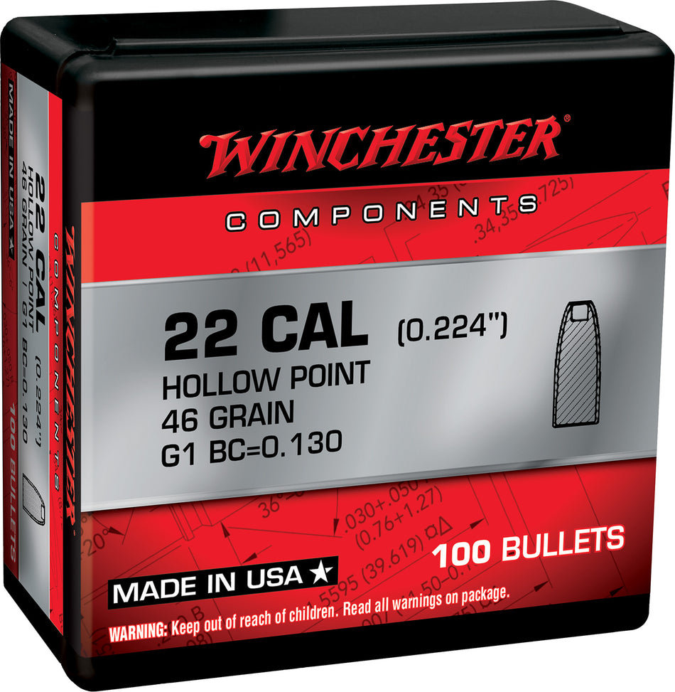 Winchester WB22HP46X .22 Hornet 46gr Hollow Point Rifle Reloading Bullets Box of 100