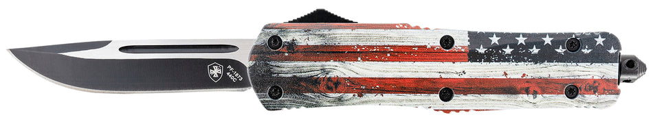 Templar Knife LWUS331 Gen II Large OTF Drop Point 3.50" 440C SS Black Oxide Stonewashed Blade, US Flag Wood Grain Handle
