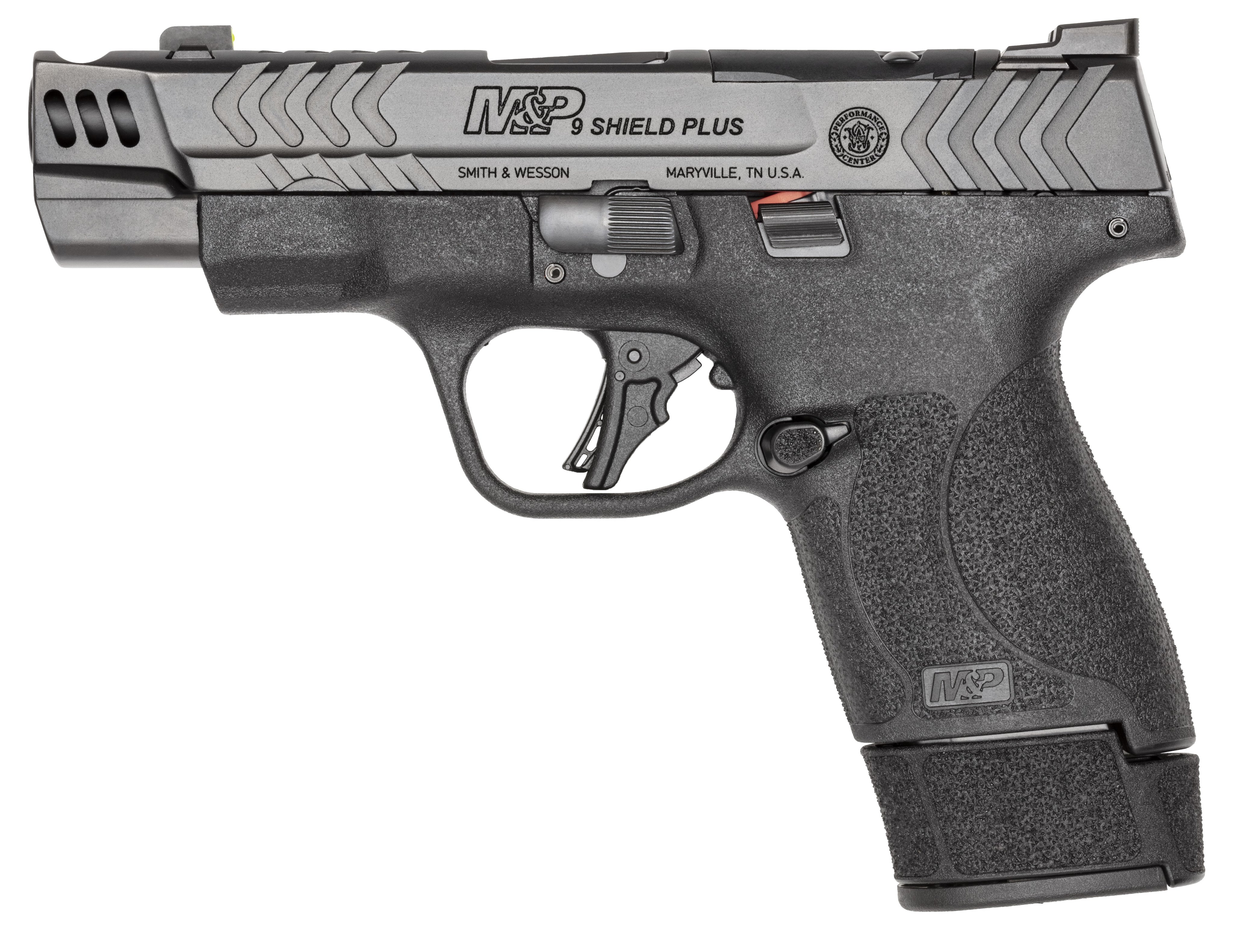 Smith & Wesson 13990 M&P 9 Shield Plus 9mm Luger 10+1 15+1 13+1 4" Stainless Armornite Gray Ported/Serrated Stainless Steel Slide Black Textured Grip