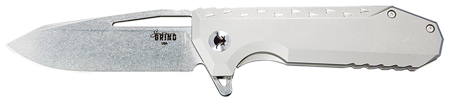 Southern Grind SG0903001101 Penguin 3.50" Folding Knife, Stonewashed S90V Drop Point Blade, Silver Titanium Handle