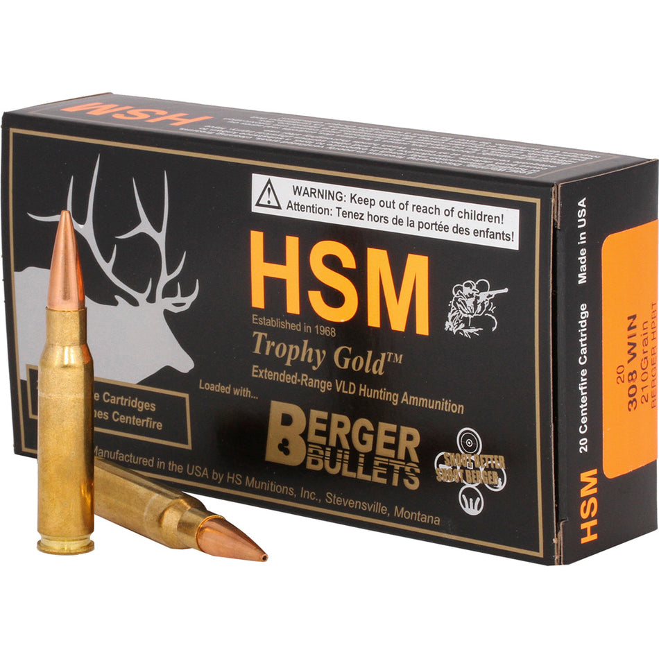 HSM .308 Win / 7.62x51mm BER308210VLD Trophy Gold Berger Hunting VLD Match 210 Grain