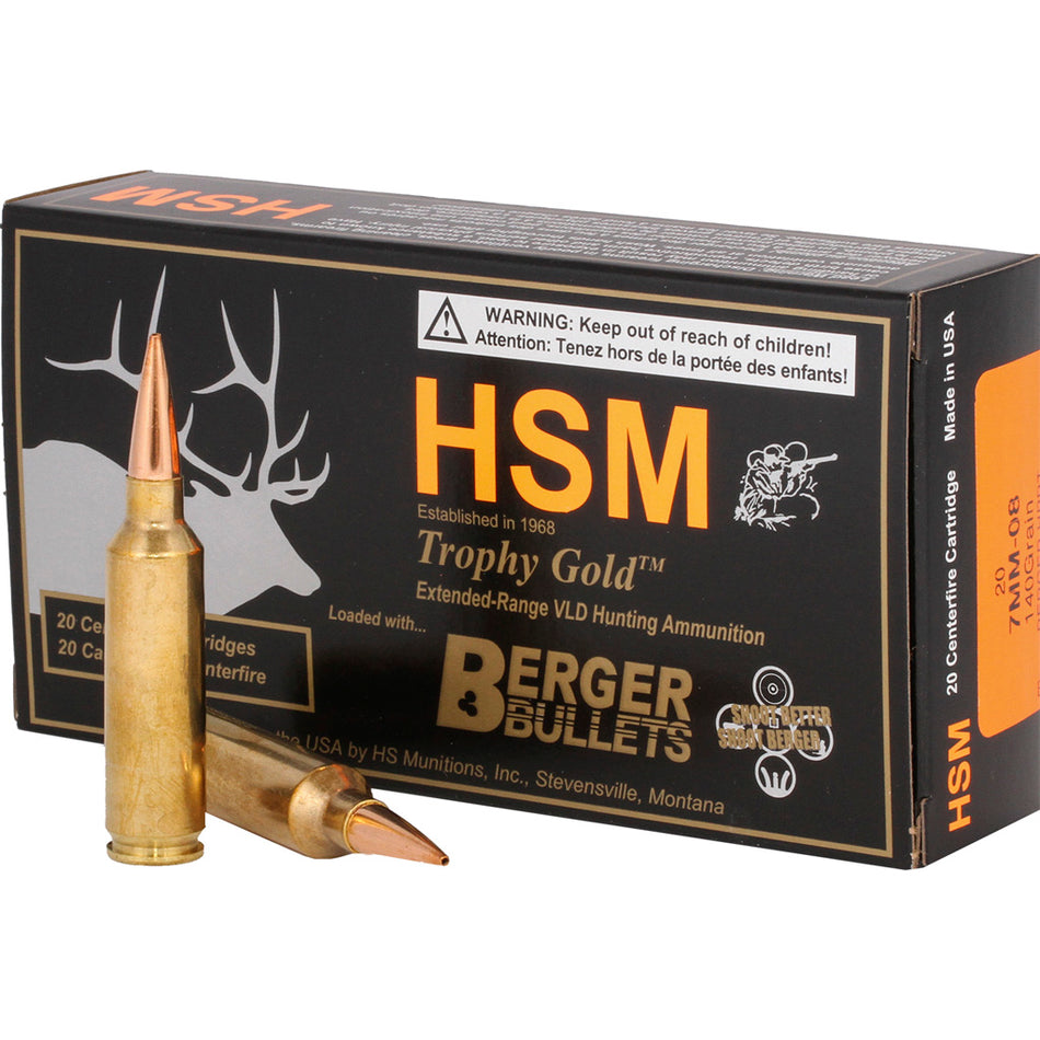 HSM 7mm-08 Remington BER7mm08140VLD Trophy Gold Berger Hunting VLD Match 140 Grain
