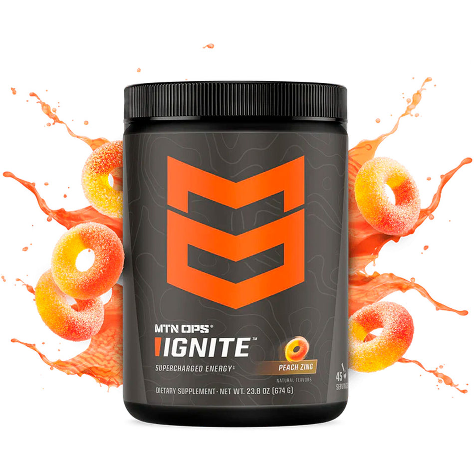 MTN OPS Ignite Peach Zing Flavor Energy and Focus Supplement Tub