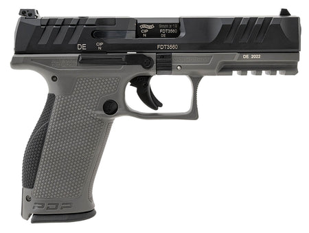 Walther Arms 2858371 PDP 9mm Luger 18+1 4.50" Black Polygonal Rifled Barrel, Black Optic Ready/Serrated Slide, Gray Polymer Frame w/Picatinny Rail, Black Performance Duty Texture Grips, Ambidextrous