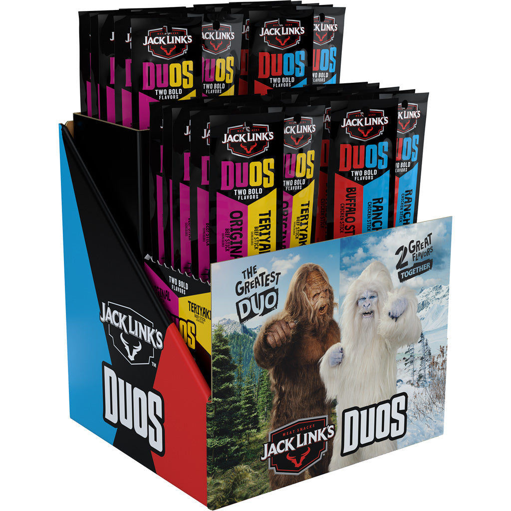 Jack Links 1.84 Oz Duos Sticks Counter Display 40ct Beef Orig/Teriyaki & Chicken Buffalo/Ranch
