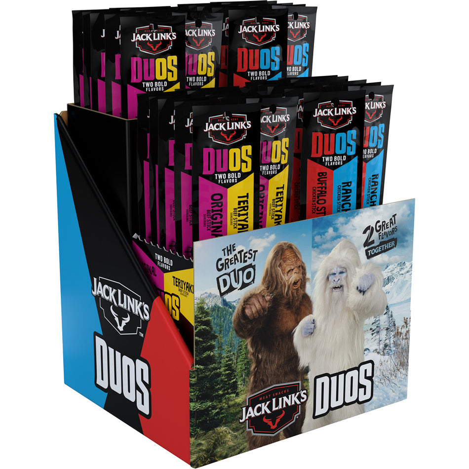 Jack Links 1.84 Oz Duos Sticks Counter Display 40ct Beef Orig/Teriyaki & Chicken Buffalo/Ranch