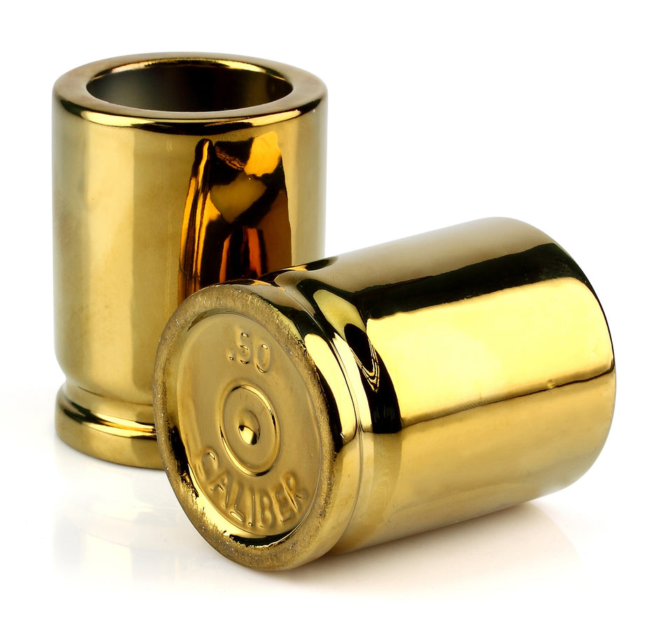 Caliber Gourmet CBGSG1002 Gold Ceramic 50 Cal Novelty Shot Glasses Pair