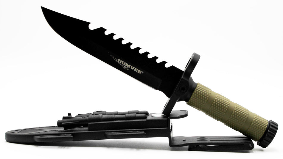 Humvee HMVKFXB02 Next Generation Survival Knife 7.50" Sawback Fixed Blade Black Textured Rubber Handle Sheath Included