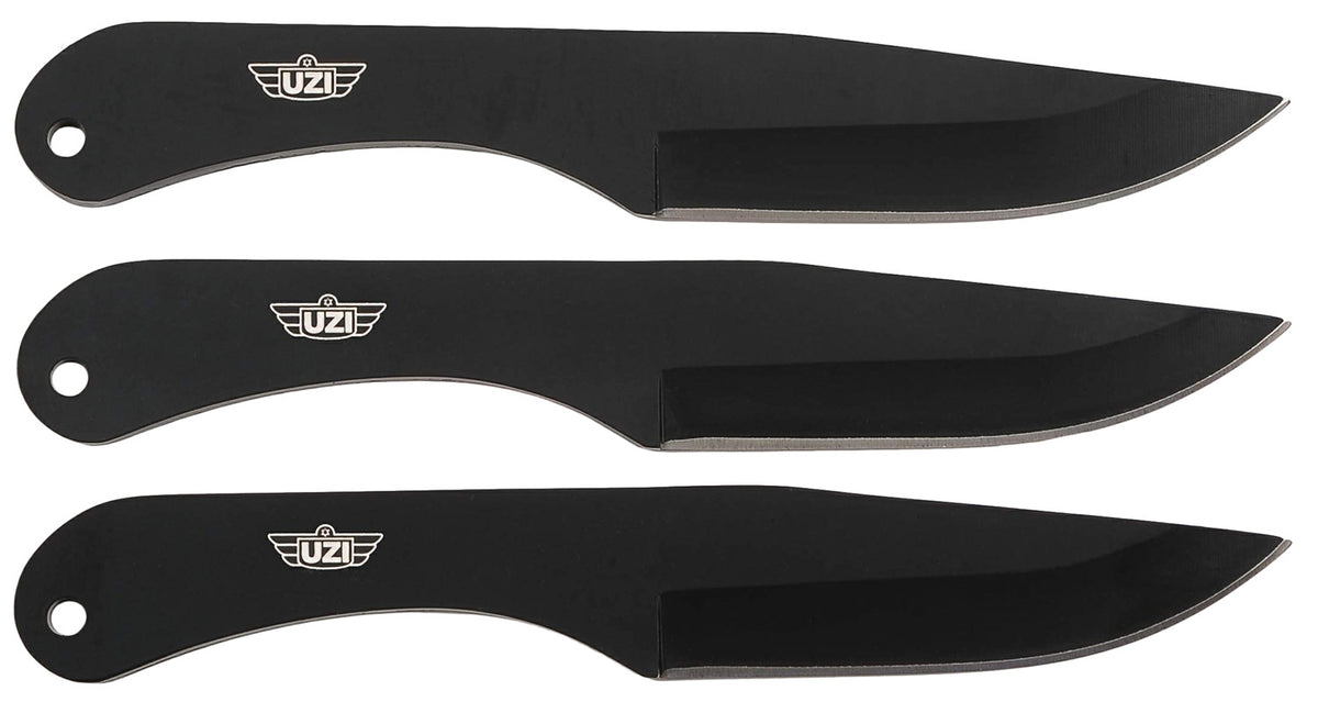 Uzi Accessories UZKTRW004 Three-Piece Throwing Knife IV Set 8.25" Black Stainless Steel with Belt Clip Leather Pouch