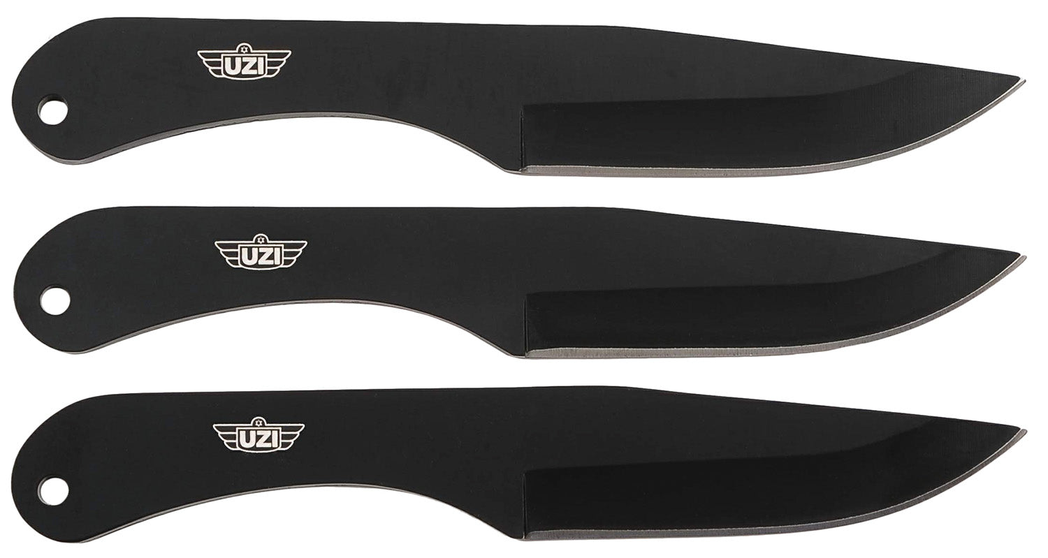 Uzi Accessories UZKTRW004 Three-Piece Throwing Knife IV Set 8.25" Black Stainless Steel with Belt Clip Leather Pouch