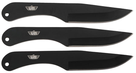 Uzi Accessories UZKTRW004 Three-Piece Throwing Knife IV Set 8.25" Black Stainless Steel with Belt Clip Leather Pouch