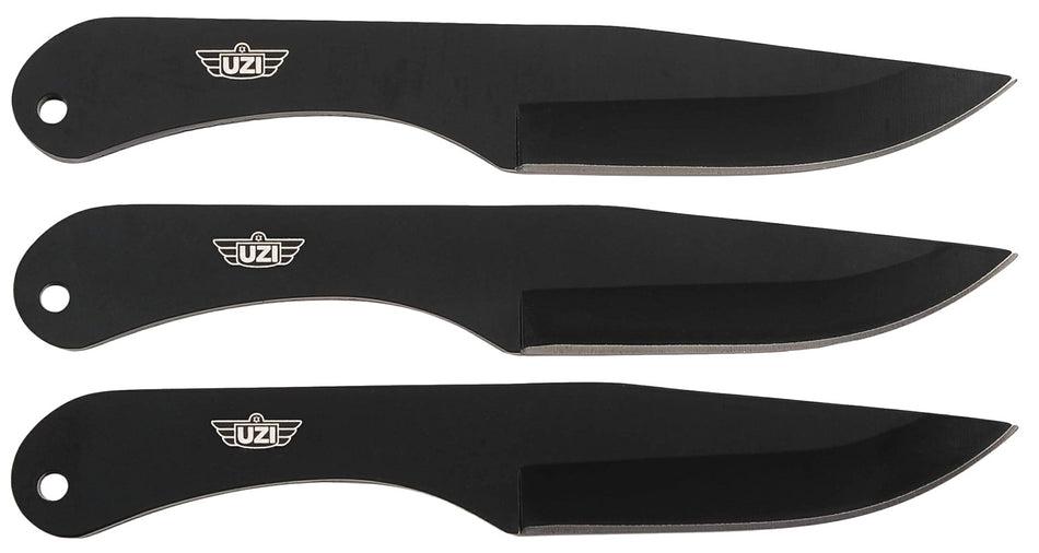 Uzi Accessories UZKTRW004 Three-Piece Throwing Knife IV Set 8.25" Black Stainless Steel with Belt Clip Leather Pouch
