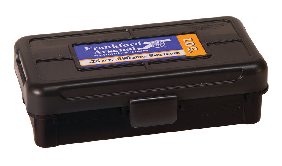 Frankford Arsenal 1083783 50-Round Hinge-Top Ammo Box 9mm/25/380ACP Black Polymer