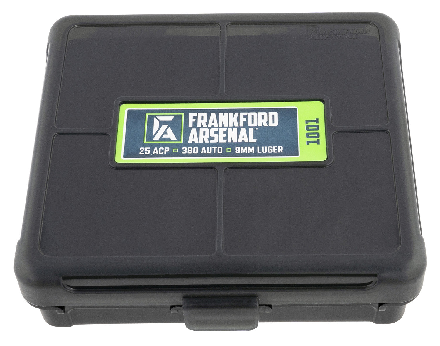 Frankford Arsenal 1083797 100-Round Hinge-Top Ammo Box 9mm/25/380ACP Black Polymer