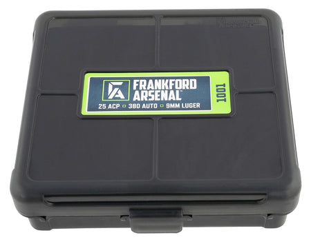 Frankford Arsenal 1083797 100-Round Hinge-Top Ammo Box 9mm/25/380ACP Black Polymer
