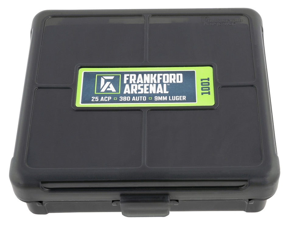 Frankford Arsenal 1083797 100-Round Hinge-Top Ammo Box 9mm/25/380ACP Black Polymer