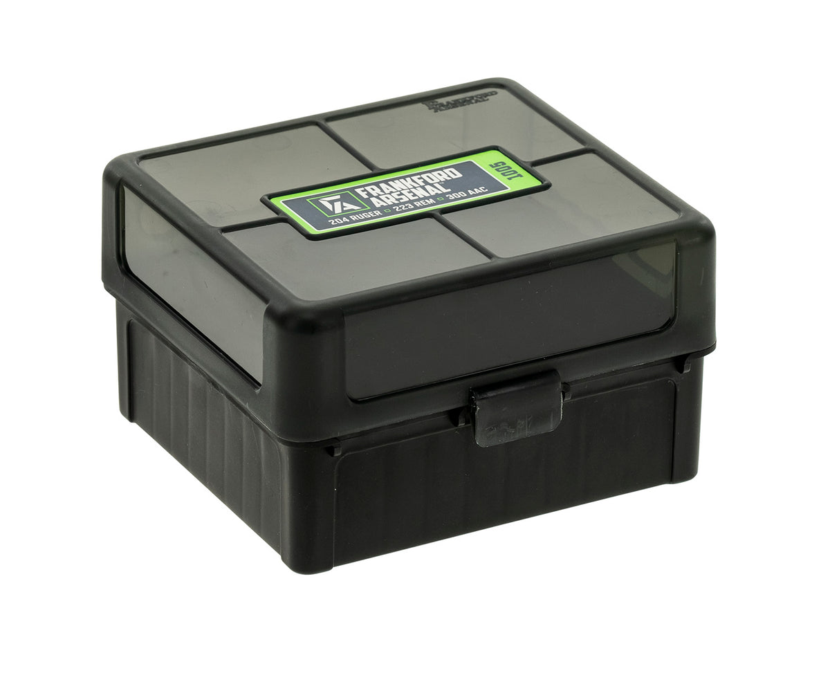 Frankford Arsenal 1083799 100-Round Hinge-Top Ammo Box 204/223/300WinMag Black Polymer