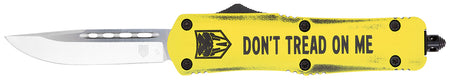 CobraTec FS-3 Don't Tread On Me Medium 3" OTF Plain Drop Point D2 Blade Yellow Cerakoted Aluminum Handle Glass Breaker Pocket Clip