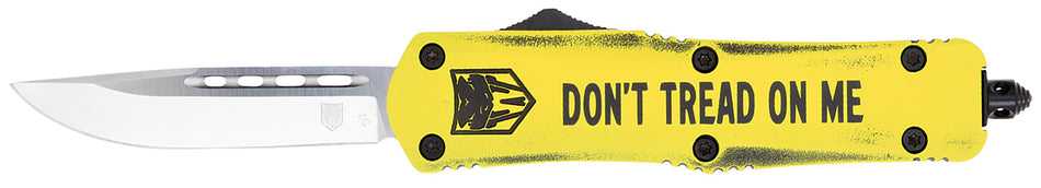 CobraTec FS-3 Don't Tread On Me Medium 3" OTF Plain Drop Point D2 Blade Yellow Cerakoted Aluminum Handle Glass Breaker Pocket Clip