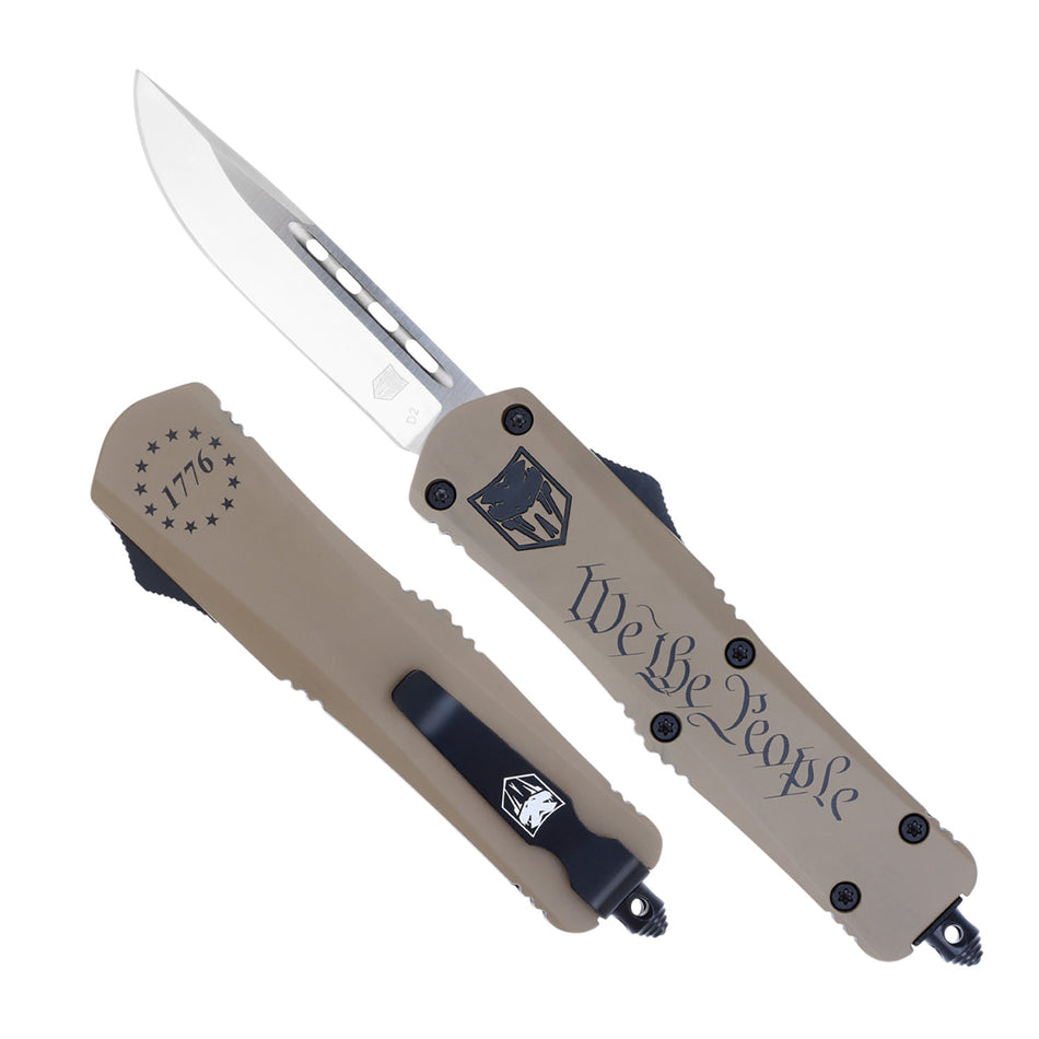 CobraTec FS-3 We The People Medium 3" OTF Plain Drop Point D2 Blade Tan Cerakoted Aluminum Handle Glass Breaker Pocket Clip