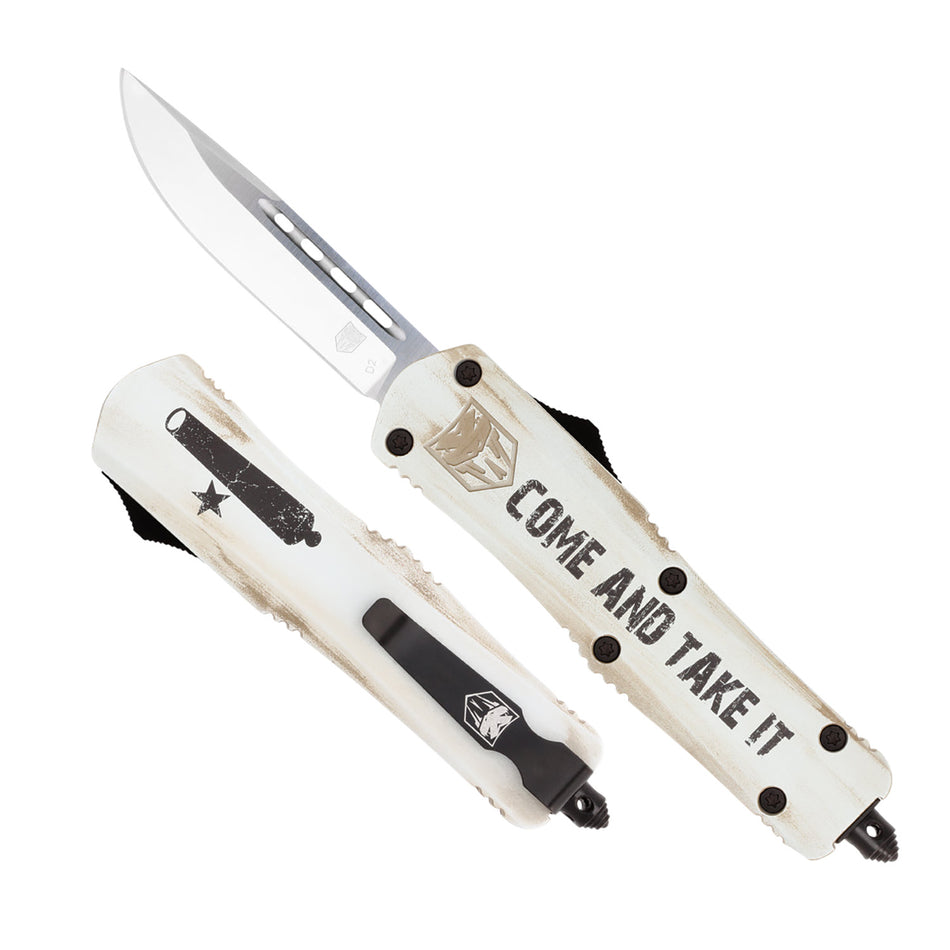 CobraTec MCATIFS3DNS Come And Take It 3" OTF Drop Point 154CM Stainless Blade White Cerakoted Handle w/ Glass Breaker