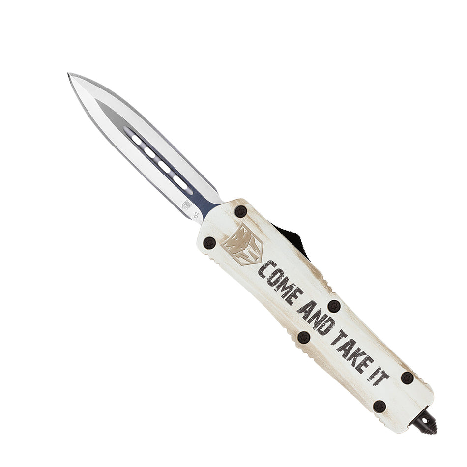 CobraTec MCATIFS3DAGNS Come And Take It Medium 3" OTF Dagger Plain D2 Blade White Cerakoted Handle w/ Glass Breaker